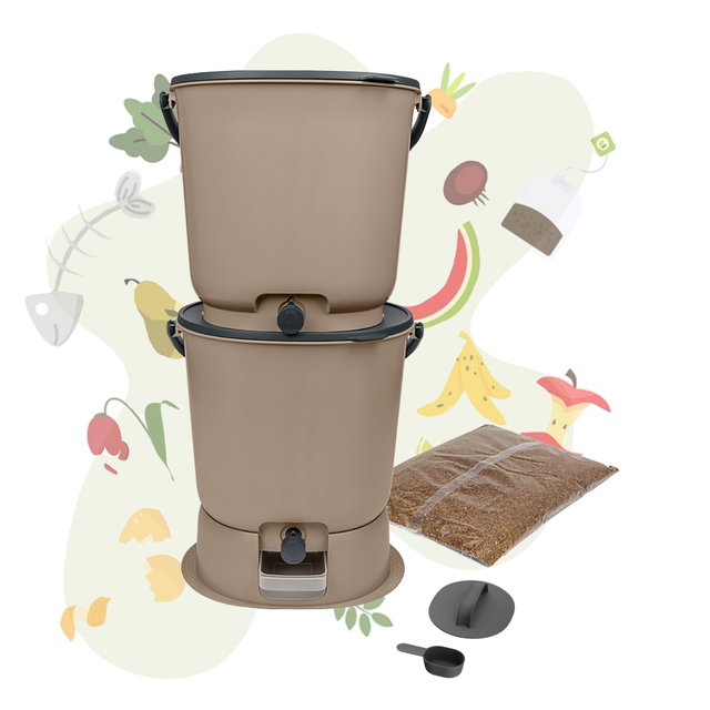 Bokashi Starter Set mit 2 Bokashi Eimer, cappuccino, Bokashi Ferment, Dosierhilfe und Stampfer